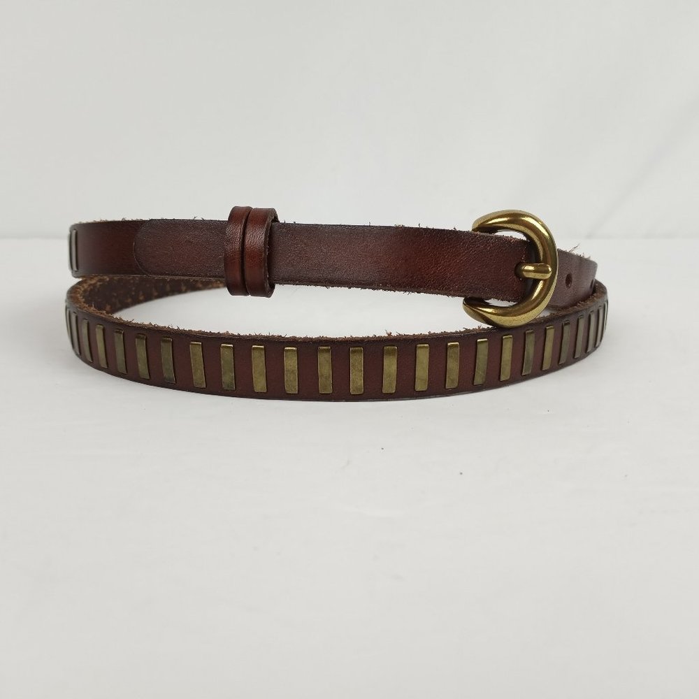 Eddie Bauer Skinny Brown Leather Metal Bar Staples Belt  Size Large